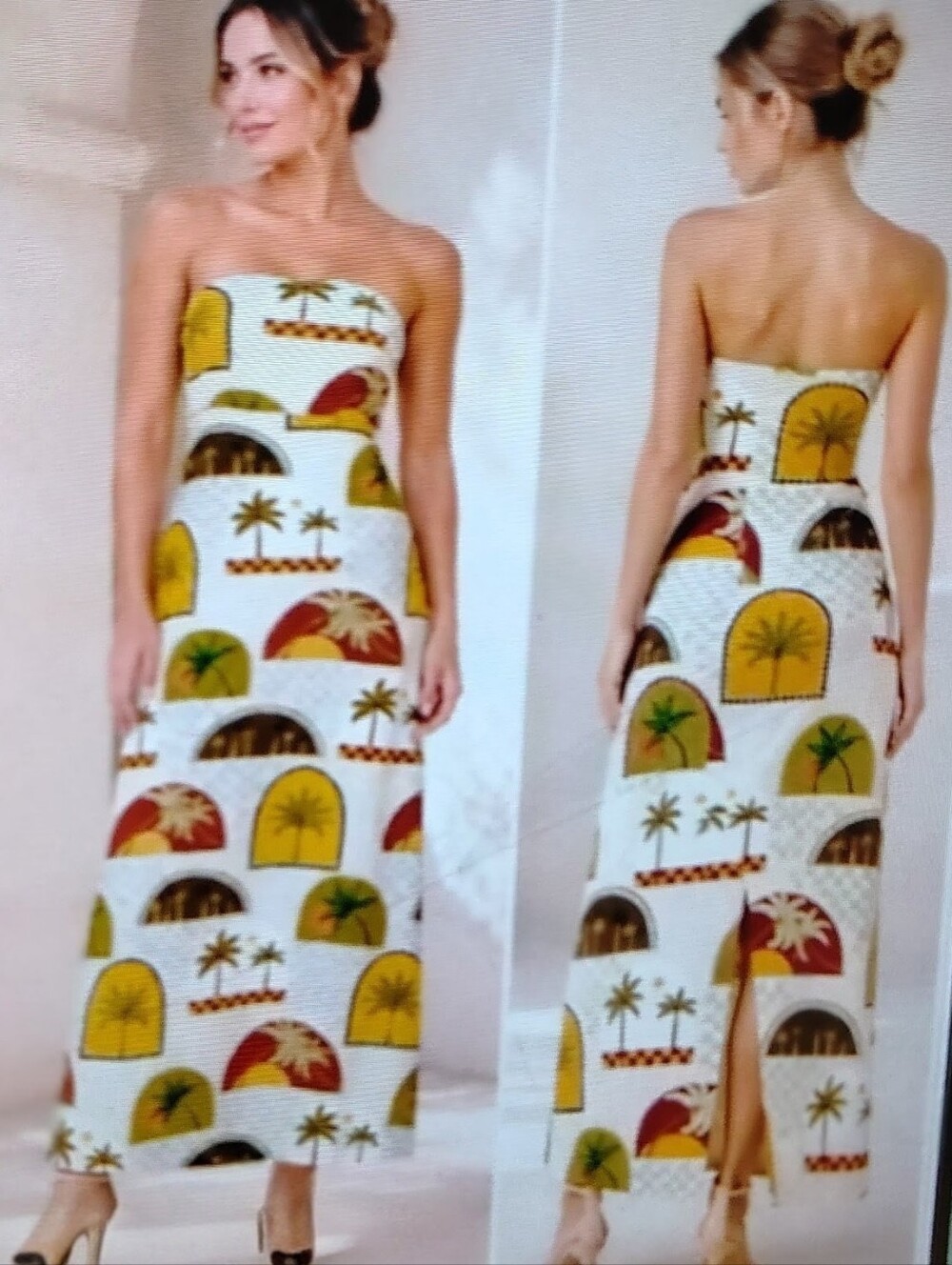 Anthropologie Strapless Palms Checkered Linen Blend Long Dress by Paper Heart S